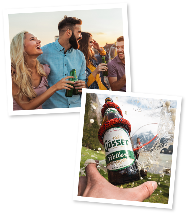 zwei Polaroids von Menschen die fröhlich Bier trinken darunter ein Bild wo eine Gösser Flasche mit einem Seil umschlungen ist