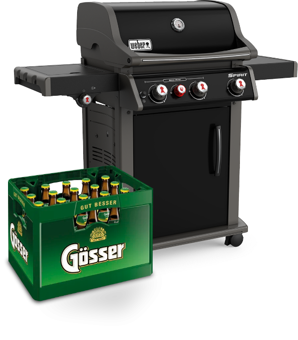 Kiste Gösser Bier mit Weber Gasgrill Spirit Original E-330 GBS